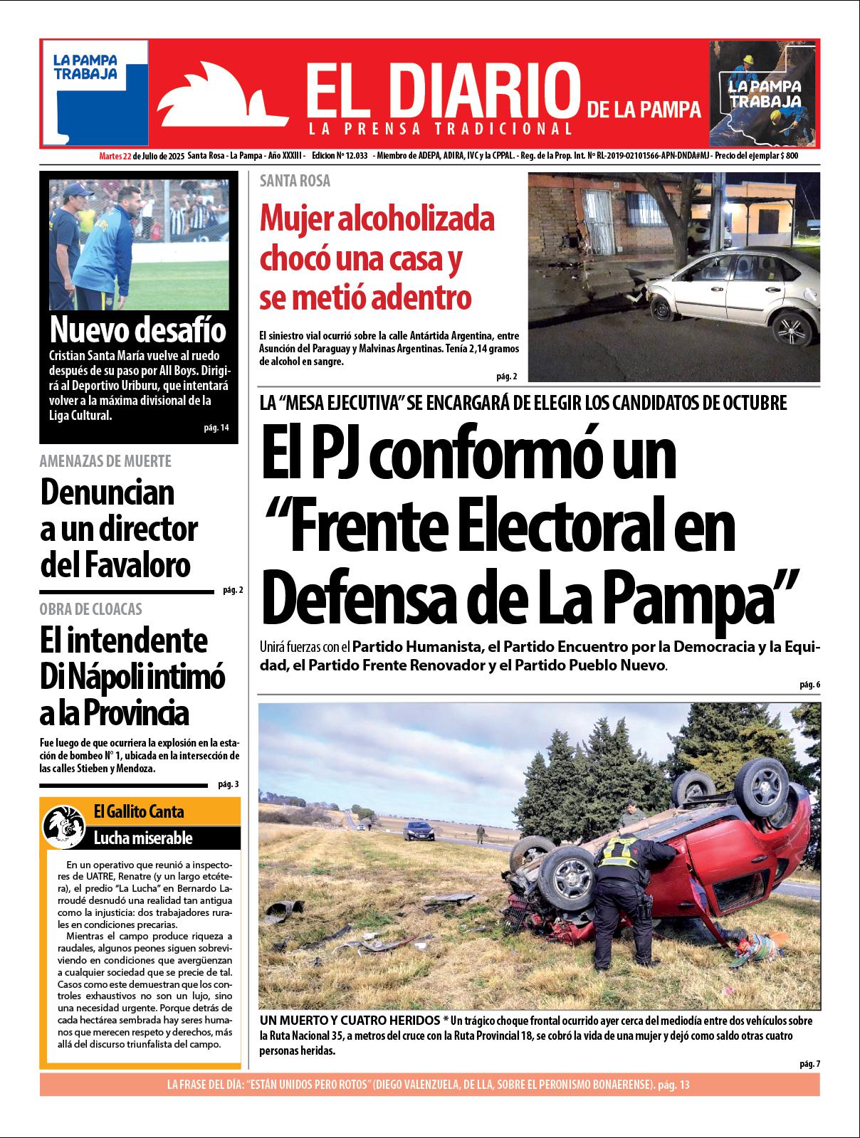 Tapa de El Diario en papel  martes 22 de julio de 2025